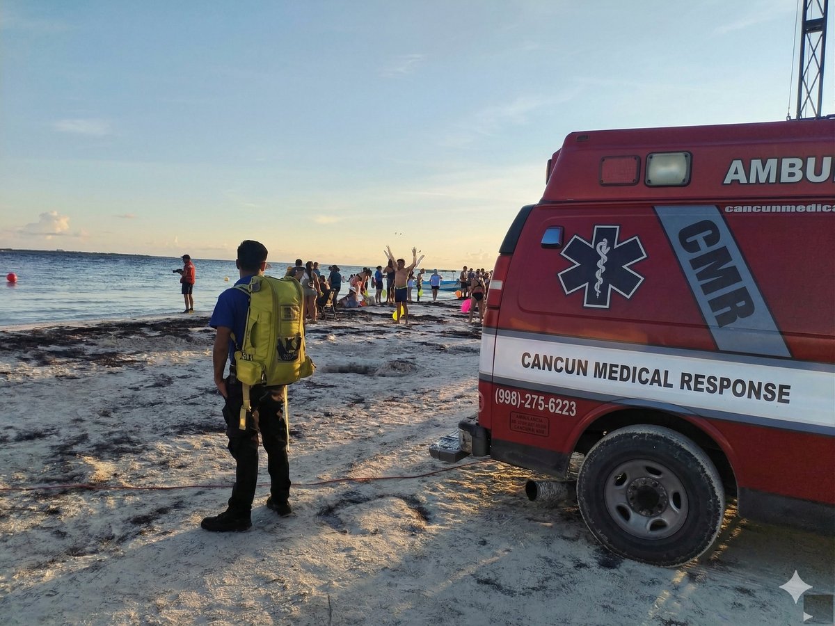 CMR paramedic on Cancún beach with ambulance